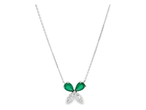 18K White Gold Emerald Butterfly Necklace with Natural Diamonds